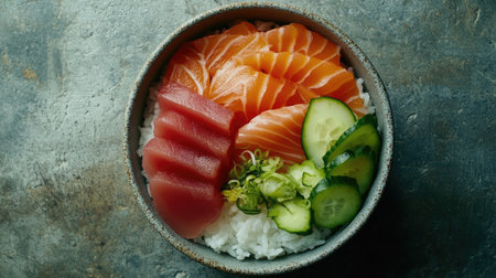 A vibrant traditional Bara Chirashi sushi bowl featuring fresh salmon and tuna with cucumber, served over seasoned rice, viewed from the top. Perfect for food enthusiasts and culinary artists.の素材