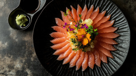 A beautifully arranged plate of fresh salmon sashimi, showcasing delicate slices topped with vibrant garnishes. Perfect for sushi lovers and culinary enthusiasts.の素材