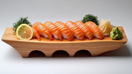 Captivating display of traditional raw salmon sashimi served elegantly on a wooden platter, complete with fresh garnishes and condiments. A delightful dining experience!の素材
