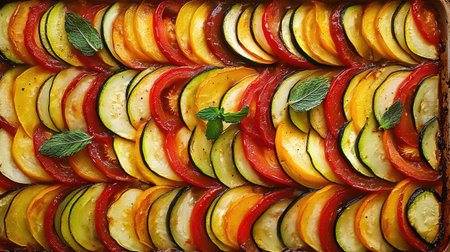 This stunning top-down view showcases a delicious baked ratatouille, featuring vibrant layers of fresh vegetables. Ideal for seasonal cooking or gourmet meal inspiration.の素材