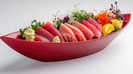A vibrant sashimi set beautifully presented in a red boat, showcasing fresh fish and colorful garnishes, perfect for Japanese cuisine lovers.の素材