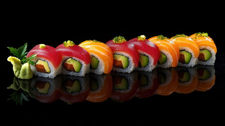 A stunning display of vibrant sushi rolls and nigiri, showcasing fresh ingredients and beautiful presentation on a reflective surface, perfect for food lovers.の素材