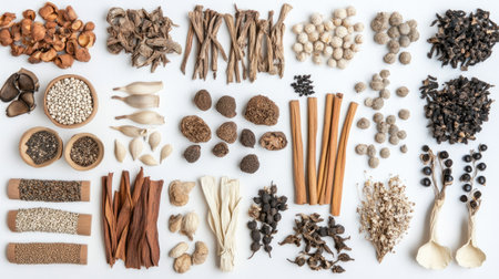 A top-down view of an array of dried plant materials and seeds arranged aesthetically. Perfect for illustrating natural ingredients and healthy lifestyle themes.の素材