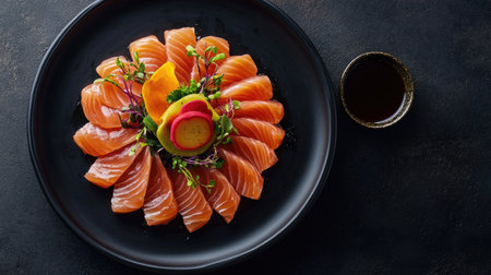 Discover an exquisite arrangement of fresh salmon sashimi slices served on a stylish plate, featuring vibrant colors and garnishes for an elegant dining experience.の素材