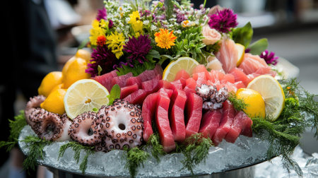 A vibrant and fresh sashimi platter featuring tuna, octopus, and garnished with colorful flowers and lemons, served on ice. Perfect for any seafood lover.の素材