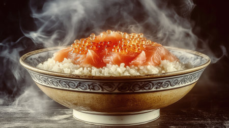 A visually striking donburi bowl features fresh salmon sashimi atop a bed of rice, enhanced by delicate toppings and a smoky ambiance for a mouthwatering presentation.の素材