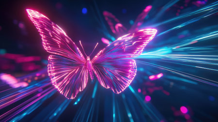 This vibrant 3D butterfly features glowing effects and colorful light beams, creating a mesmerizing visual. Perfect for digital art, creative projects, and fantasy themes.の素材