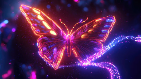 Explore a stunning ultra vibrant 3D butterfly, glowing with colorful effects against a dynamic background, showcasing digital artistry and creativity in nature.の素材