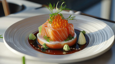 A visually striking plate featuring fresh salmon sashimi, elegantly presented with a variety of vibrant garnishes. Perfect for gourmet lovers and fine dining.の素材