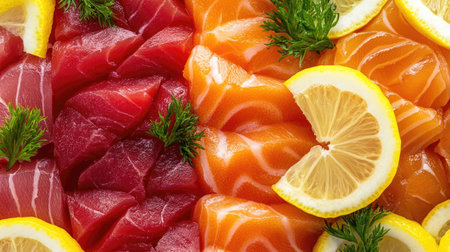 A vibrant display of fresh sashimi featuring salmon and tuna, beautifully garnished with lemon slices and herbs, perfect for a sophisticated meal or appetizer.の素材