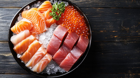 A stunning top view of assorted sashimi elegantly arranged on ice, showcasing fresh salmon, tuna, and egg roe, perfect for gourmet dining experiences.の素材