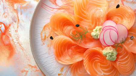 A close-up shot of fresh raw salmon sashimi elegantly arranged on a beautiful plate, garnished with radish and wasabi, perfect for seafood lovers.の素材