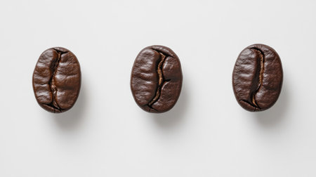 Three isolated coffee beans are placed on a pristine white surface, creating a minimalist look that highlights their rich texture and color. Perfect for coffee-related themes.の素材