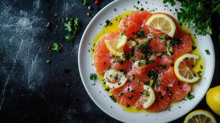 A vibrant plate of fresh carpaccio garnished with lemon slices and drizzled with olive oil, showcasing a gourmet seafood dish perfect for any dining occasion.の素材