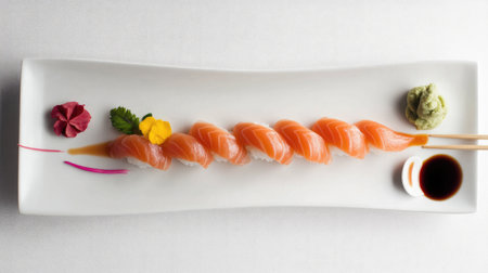 This image showcases an artfully arranged dish of fresh sliced salmon sashimi, highlighting vibrant colors and textures. Perfect for culinary presentations.の素材