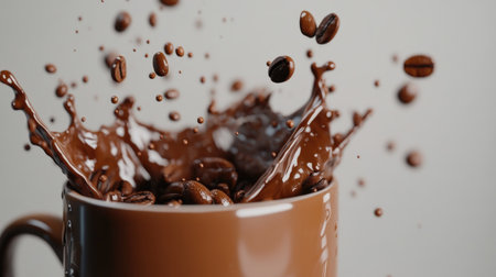 A stunning image of coffee splashing out of a mug, with beans flying through the air. The dynamic motion captures the energy of the moment, creating a visually appealing scene.の素材