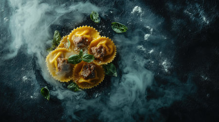 A stunning arrangement of steaming ravioli placed on a dark surface, garnished with fresh basil and surrounded by a hint of smoke, perfect for culinary visuals.の素材