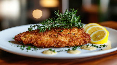 This elegant presentation of Cotoletta alla Milanese showcases a perfectly breaded and fried cutlet, garnished with fresh herbs and lemon slices. Perfect for food photography.の素材