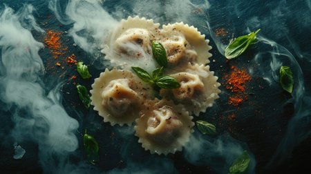 A visually appealing image of steaming ravioli garnished with fresh basil, surrounded by herbs and spices, capturing the essence of gourmet Italian cuisine.の素材