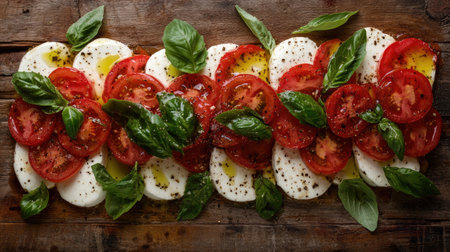 A beautifully arranged Caprese salad featuring fresh tomatoes, mozzarella, and basil, drizzled with olive oil on a rustic wooden table, showcasing vibrant colors and textures.の素材