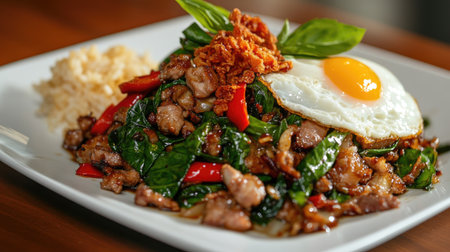 A beautifully plated stir fried basil dish featuring tender meat, colorful vegetables, a fried egg on top, and served with a side of rice, perfect for any meal.の素材