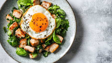 An appetizing dish featuring stir-fried basil, succulent meat, and a perfectly fried egg on a bed of fresh greens. Ideal for food lovers and culinary enthusiasts.の素材