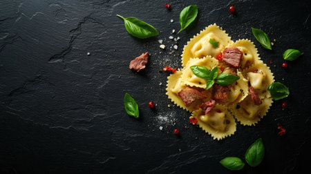 Discover a stunning Italian ravioli dish elegantly arranged on a dark slate surface, showcasing fresh basil and tender beef, perfect for culinary enthusiasts.の素材