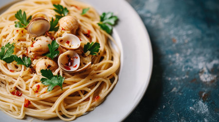 A beautifully arranged plate of spaghetti with clams, garnished with fresh parsley and chili, showcasing a delightful culinary experience perfect for any meal.の素材