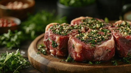 This close-up shot captures beautifully arranged ossobuco medallions garnished with fresh herbs, showcasing the rich colors and textures of a delicious dish.の素材