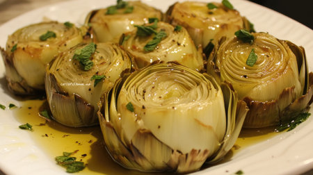 A beautifully arranged plate of traditional Italian artichokes, skillfully cooked to highlight their natural flavors. Perfect for gourmet dining.の素材