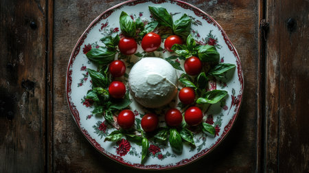 A beautifully arranged plate featuring fresh mozzarella surrounded by vibrant tomatoes and fragrant basil leaves, perfect for a stylish dining experience.の素材