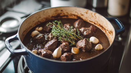 A captivating scene of beef bouillon simmering in a pot, enhanced by fresh thyme and garlic. Perfect for showcasing warmth and comfort in culinary art.の素材