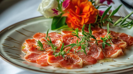 Discover a beautifully arranged plate of saltimbocca, featuring fresh herbs and vibrant colors, perfect for elegant dining experiences and culinary artistry.の素材