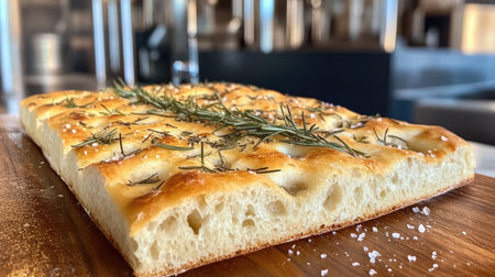 This stunning image features a golden-baked focaccia bread topped with fresh rosemary. Perfect for showcasing culinary artistry and home baking.の素材