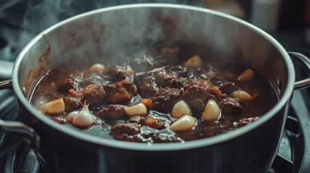 A close-up of bubbling beef bouillon in a pot, featuring tender meat and garlic cloves. Perfect for showcasing comforting home cooking and savory meals.の素材