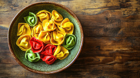 A charming rustic plate showcasing a vibrant arrangement of colorful tortellini, perfect for culinary enthusiasts and highlighting Italian cuisine.の素材
