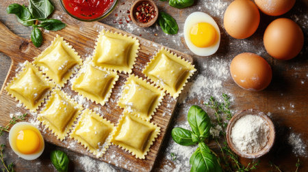 Explore the art of pasta making with freshly made ravioli on a floured wooden board. This rustic setup showcases vibrant ingredients ready for delicious meals.の素材