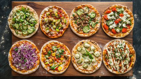 An overhead view showcasing a variety of delicious mini pizzas on a wooden board, featuring vibrant toppings and fresh ingredients perfect for any gathering.の素材