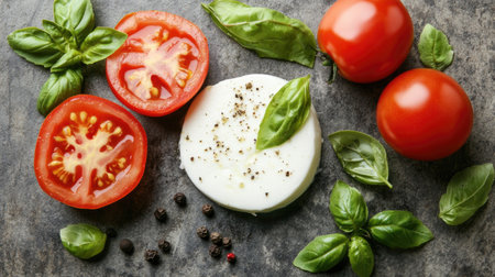 A vibrant arrangement of fresh tomatoes, mozzarella cheese, and basil leaves, perfect for a healthy Caprese salad. Ideal for culinary and recipe inspiration.の素材