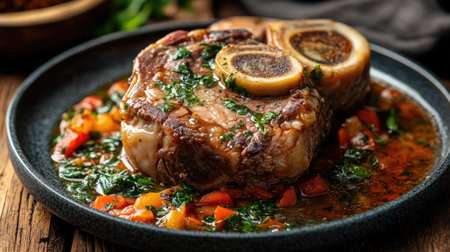 This close-up shot captures a beautifully braised veal steak, showcasing rich flavors and vibrant vegetables in a savory sauce. A perfect addition to any culinary collection.の素材