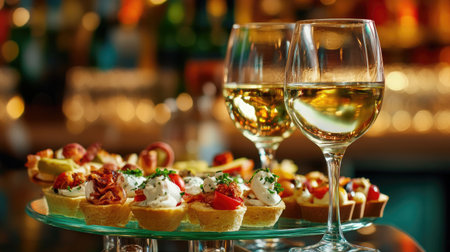 A vibrant display of colorful cicchetti snacks paired with wine glasses, perfect for parties or events. Ideal for capturing the essence of casual dining.の素材