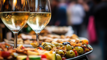 Close up of colorful cicchetti snacks with elegant wine glasses, perfect for a festive gathering. Ideal for showcasing gourmet dining and culinary delights.の素材