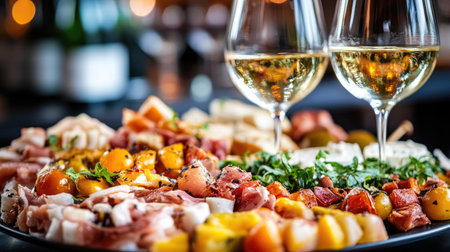 A vibrant spread of cicchetti snacks beautifully arranged with wine glasses, perfect for gatherings or elegant dining experiences. Enjoy the tempting flavors!の素材