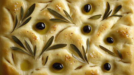 A top view of freshly baked focaccia featuring herbs and olive oil. This close-up shot showcases the unique texture and golden crust, ideal for culinary inspiration.の素材