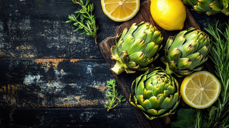 A vibrant display of fresh artichokes and lemons on a rustic wooden table. Ideal for culinary themes, this image captures natural ingredients and their colors.の素材