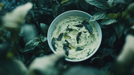 A close-up shot of creamy green pesto in a white bowl, surrounded by fresh herbs. This image captures the vibrant textures and colors of a delicious culinary delight perfect for various dishes.の素材