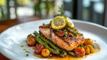 A close-up view of a succulent fried salmon steak garnished with lemon and fresh herbs, served on a bed of colorful vegetables and drizzled with flavorful oil.の素材