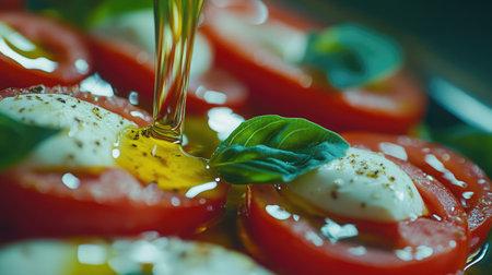 A close-up shot of a classic Caprese salad featuring ripe tomatoes, fresh mozzarella, and basil drizzled with olive oil, perfect for food lovers.の素材