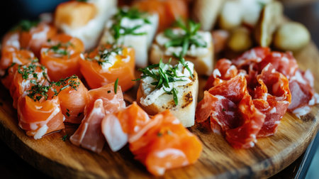 This close-up image showcases a delicious assortment of Italian deli meats and cheeses beautifully arranged on a rustic wooden board, perfect for any culinary occasion.の素材