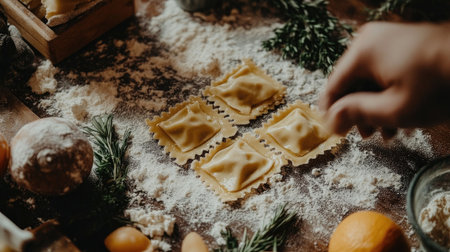 A close-up of handmade ravioli being prepared on a rustic wooden surface. Flour is scattered around, creating a cozy kitchen atmosphere. Perfect for culinary projects.の素材